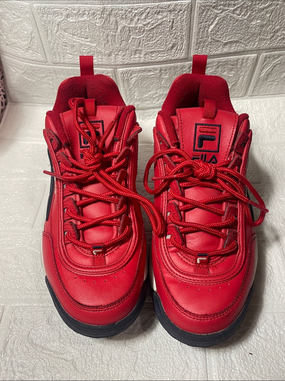 FILA Disruptor II Premium Chunky Sneaker Red Navy Blue Leather Women's 8 1/2